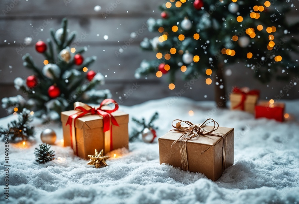 A festive christmas scene with presents nestled in snow beneath a glowing christmas tree A festive christmas scene with presents nestled in snow beneath a glowing christmas tree