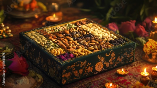 Brightly decorated Diwali dry fruit gift box with assorted nuts and dried fruits, placed on a rich tablecloth with glowing diyas and floral decorations creating a festive mood. photo