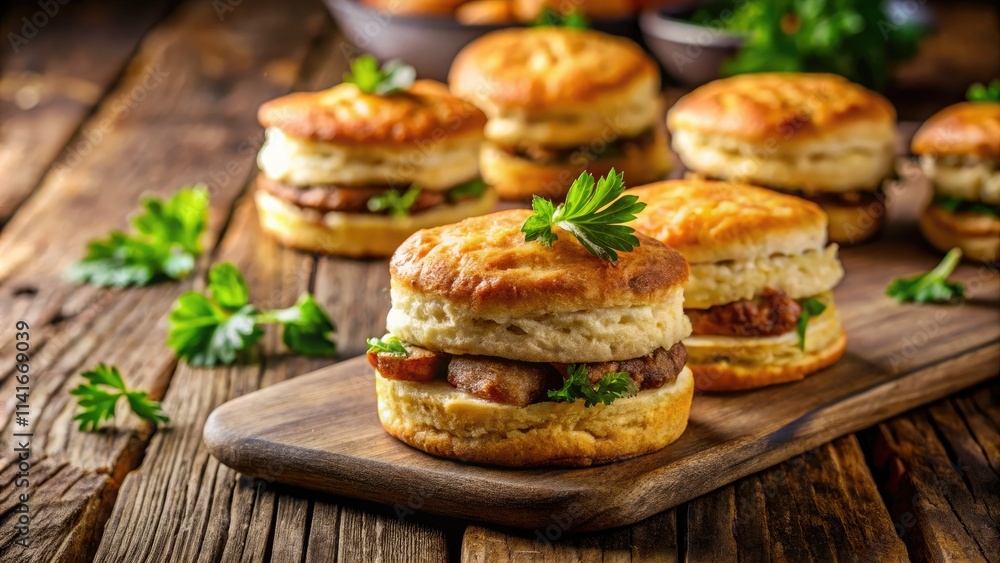 Savory sausage biscuits: gourmet food photography showcasing creamy filling and flaky pastry. Savory sausage biscuits: gourmet food photography showcasing creamy filling and flaky pastry.