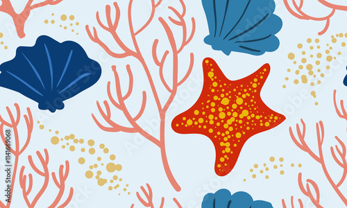 Seamless vector pattern. Underwater seamless pattern with corals and shells. Can be used for wallpaper, web page background, textile and other design. Vector
