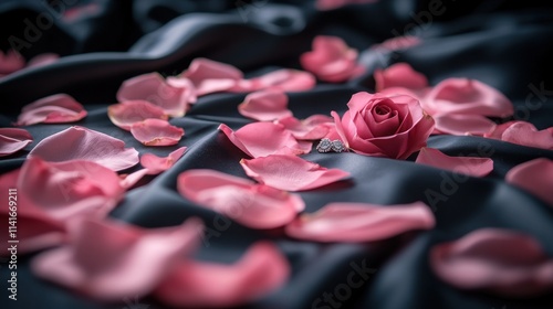 Pink rose with scattered petals on dark silky fabric.