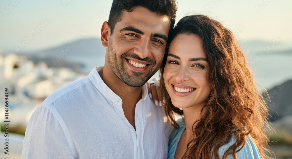 Smiling young couple enjoying scenic mediterranean vacation by the sea Smiling young couple enjoying scenic mediterranean vacation by the sea