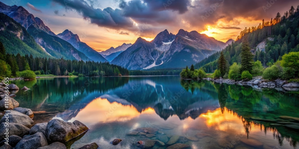 Serene mountain lake, dusk's soft light paints the sky, AI art captures tranquility. Serene mountain lake, dusk's soft light paints the sky, AI art captures tranquility.