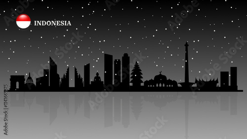 indonesia skyline, indonesia cityscape, indonesia skyscraper buildings beautiful snow falling vector silhouette. vector illustrator
