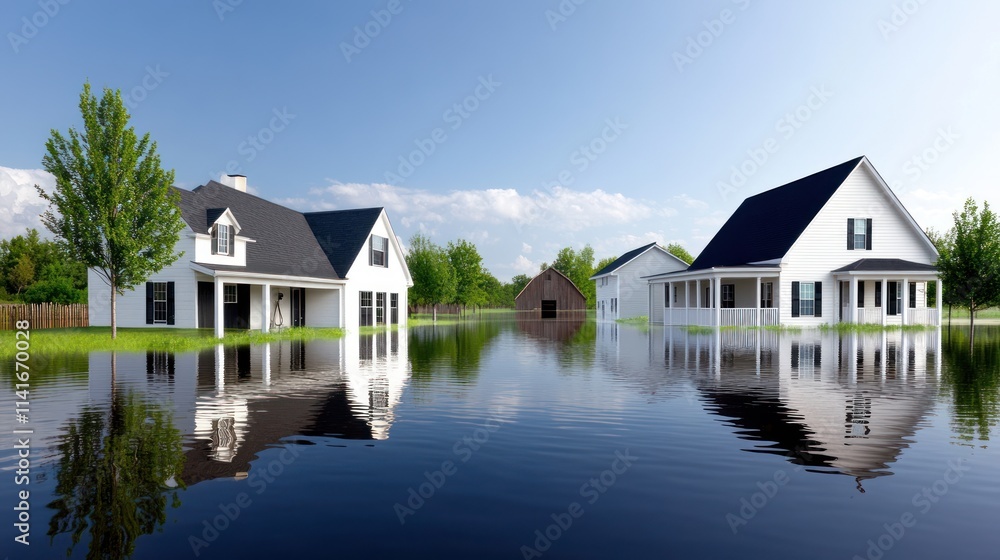 Flooded houses surrounded by water and greenery under a blue sky. Flooded houses surrounded by water and greenery under a blue sky.