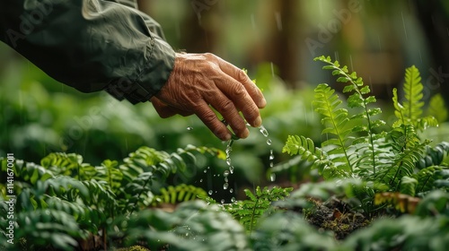 a man's hands as he gently waters a lovely fern