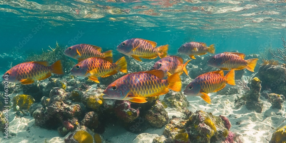 Fototapeta premium Vibrant School of Colorful Coral Reef Fish Swimming Underwater in Crystal Clear Ocean Water