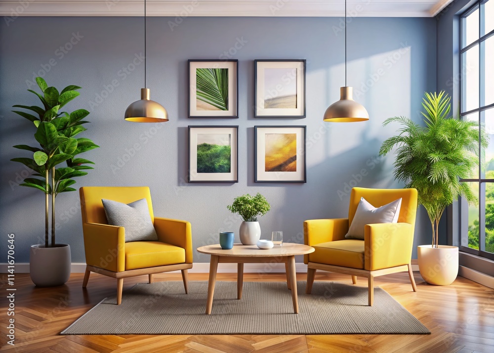 Fototapeta premium Minimalist Living Room Interior Design with Armchairs, Coffee Table & Empty Frames - AI Photo