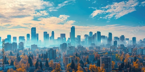 Fototapeta Naklejka Na Ścianę i Meble -  A city skyline showing the contrast between clean and polluted air quality.