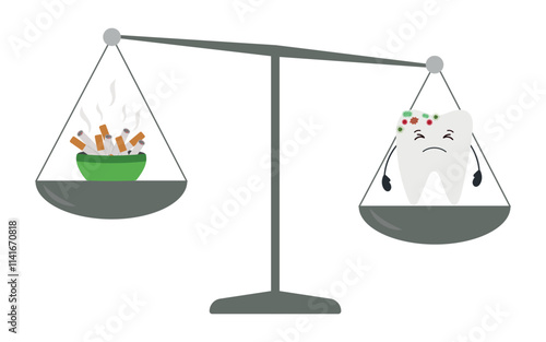 Scales with tooth and germs, ashtray with cigarette butts. person's choice