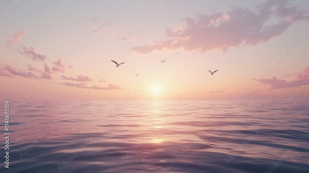 Peaceful sunset over calm ocean birds in flight. Serene and tranquil scene Peaceful sunset over calm ocean birds in flight. Serene and tranquil scene