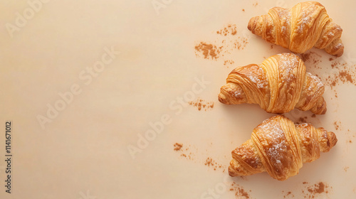 Freshly baked croissants on cream background in cozy bakery setting culinary art warm tones inviting atmosphere