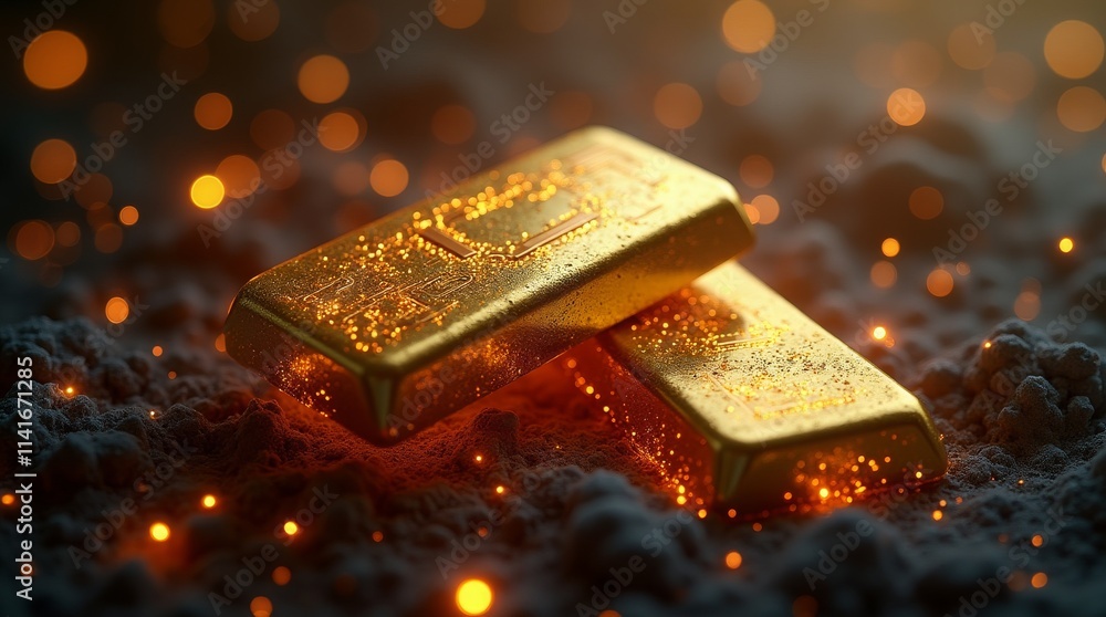 Gold bars on a textured surface with sparkling bokeh, exuding luxury and wealth Gold bars on a textured surface with sparkling bokeh, exuding luxury and wealth