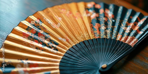 A close-up of a Japanese hand fan with intricate patterns, resting on a table. photo