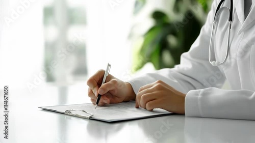 A doctor is writing medical notes on a clipboard, sitting at a table in a bright, clean medical room
