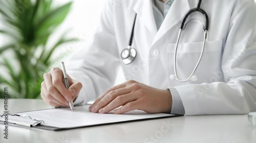 A doctor is writing medical notes on a clipboard, sitting at a table in a bright, clean medical room