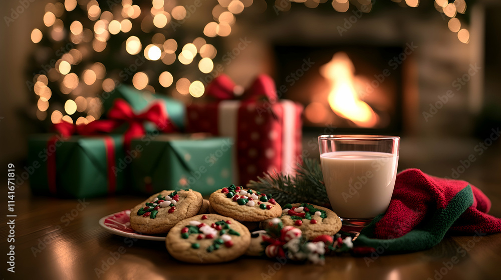 Christmas cookies and milk next to a cozy fireplace with gift boxes in soft, natural light Christmas cookies and milk next to a cozy fireplace with gift boxes in soft, natural light