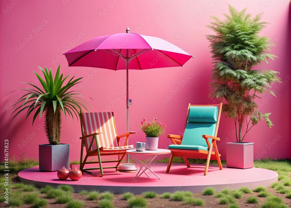 Obraz premium Pastel Pink & Hot Pink Minimalist Outdoor Furniture - 3D Social Media Render