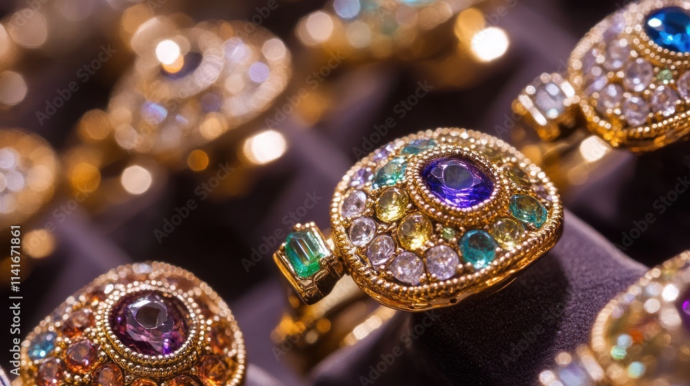 Many golden rings with colorful gemstones displayed in boxes. Many golden rings with colorful gemstones displayed in boxes.