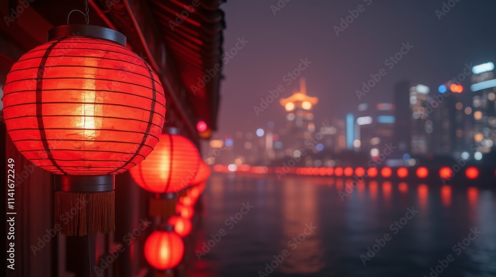 Red lanterns glowing by a riverside at night, with a city skyline in the background Red lanterns glowing by a riverside at night, with a city skyline in the background
