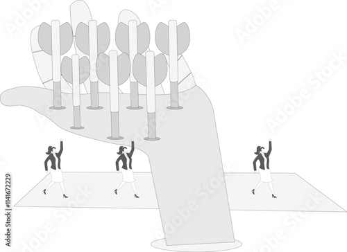 Huge hand blocking the falling arrow helps a group of businesswomen to clear a new way, business concept illustration, new way out