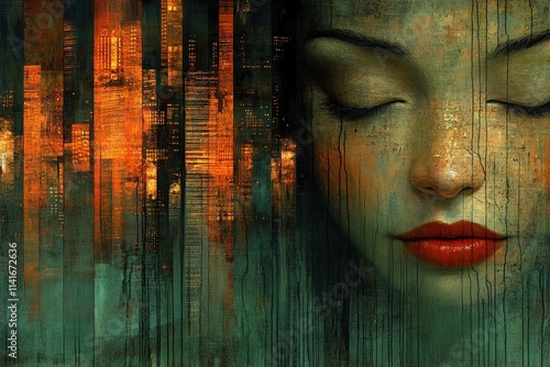 A serene portrait of a young woman with closed eyes, set against an abstract cityscape background in warm hues.