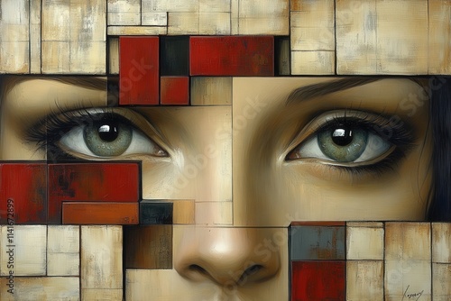 A striking portrait of a young woman with captivating green eyes, framed by abstract geometric designs in warm tones.