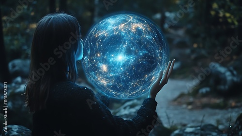 Fototapeta Naklejka Na Ścianę i Meble -  Woman Holding Glowing Earth Globe in Dark Forest at Night. AI Generated
