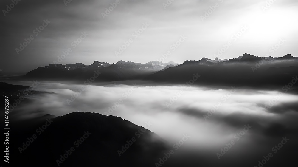 Fototapeta premium Monotone Mountain Landscape: A Dawn's Embrace in the Clouds. AI Generated