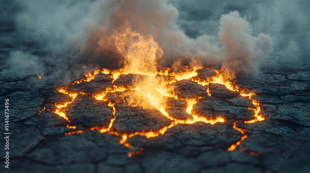 Fiery eruption on cracked earth, smoke billowing. Fiery eruption on cracked earth, smoke billowing.