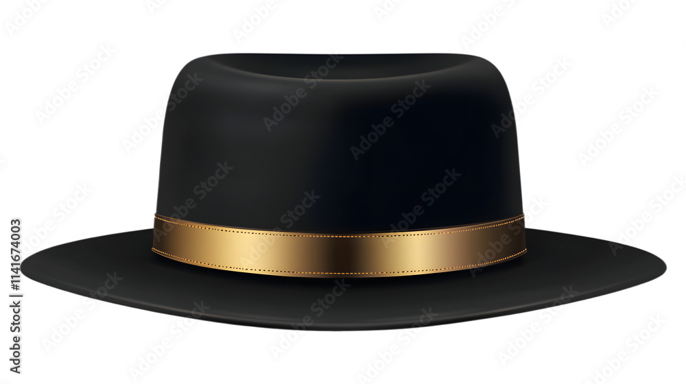 Black hat with gold ribbon, front view isolated on a transparent background Black hat with gold ribbon, front view isolated on a transparent background
