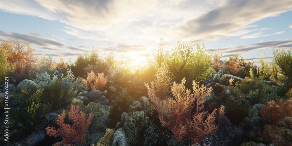 Naklejka premium Vibrant Underwater Coral Garden at Sunrise with Soft Cloudy Sky and Glowing Sunlight