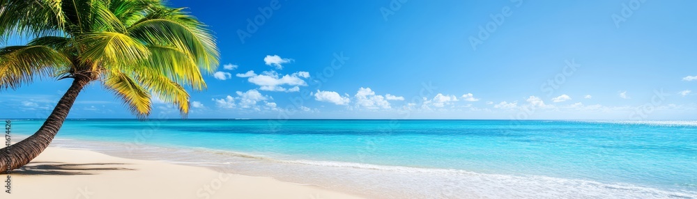 Serene tropical beach paradise, palm tree against a vibrant blue sky Serene tropical beach paradise, palm tree against a vibrant blue sky