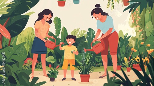 Family Gardening Together in a Lush Indoor Plant Space