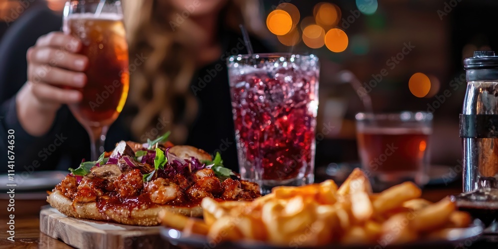 A couple sharing a great combination of food and drinks at a restaurant, celebrating together. A couple sharing a great combination of food and drinks at a restaurant, celebrating together.