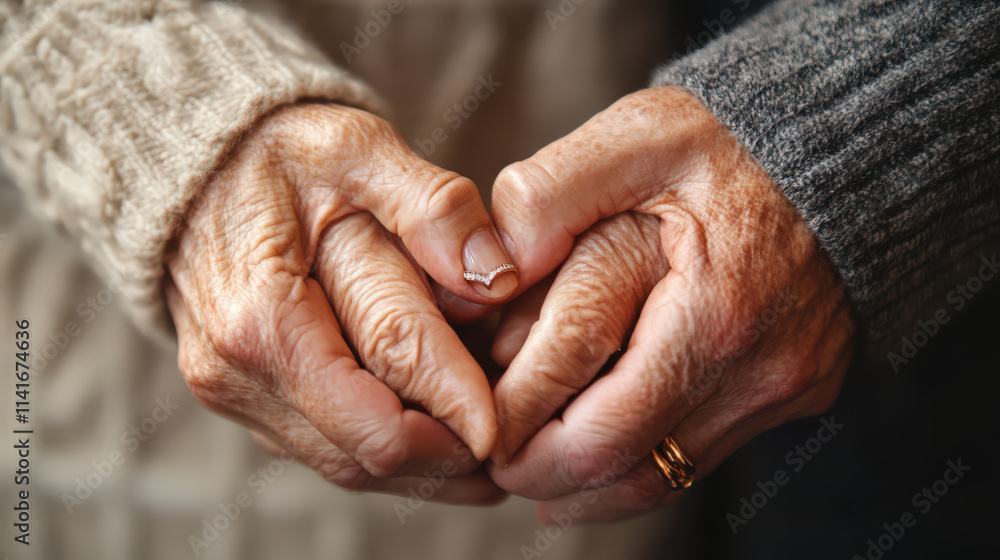 Fototapeta premium Tender elderly couple hands forming heart symbol of enduring love and companionship