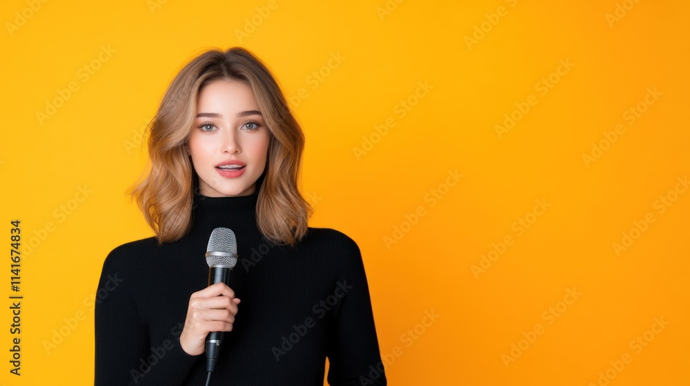 A young woman holding a microphone against a bright yellow background. A young woman holding a microphone against a bright yellow background.