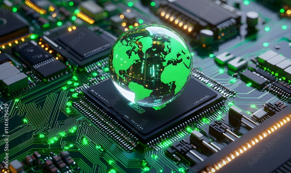 Fototapeta premium Green Circuit Board with Globe Design Representing Technology and Earth