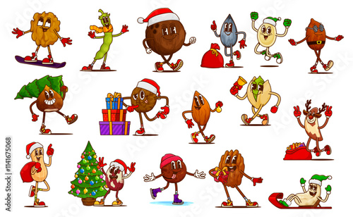 Christmas nut and bean groovy characters. Cartoon seeds dressed in festive xmas santa hats and scarves, engaging in holiday activities like sledding, gifts giving, decorating promoting healthy eating
