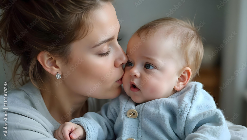 Loving mother tenderly kissing her baby while cuddling together on a cozy bed in a warm and peaceful Loving mother tenderly kissing her baby while cuddling together on a cozy bed in a warm and peaceful