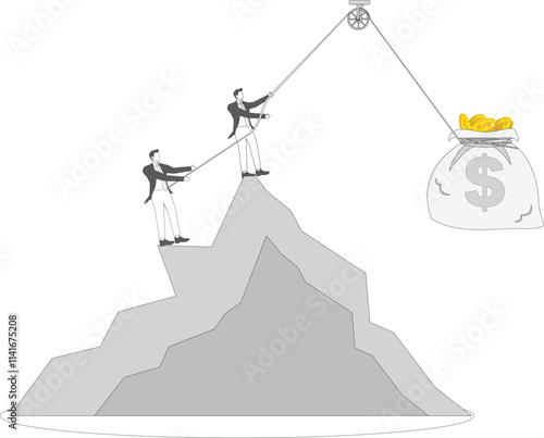 Debt crisis and financial and economic crisis, businessmen tug-of-war pull money bag falling off cliff together to recover economic loss