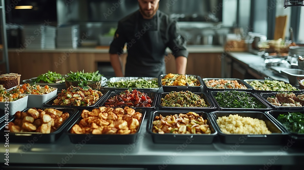 Chef Preparing a Vibrant Buffet of Healthy Dishes in a Modern Kitchen. AI Generated Chef Preparing a Vibrant Buffet of Healthy Dishes in a Modern Kitchen. AI Generated