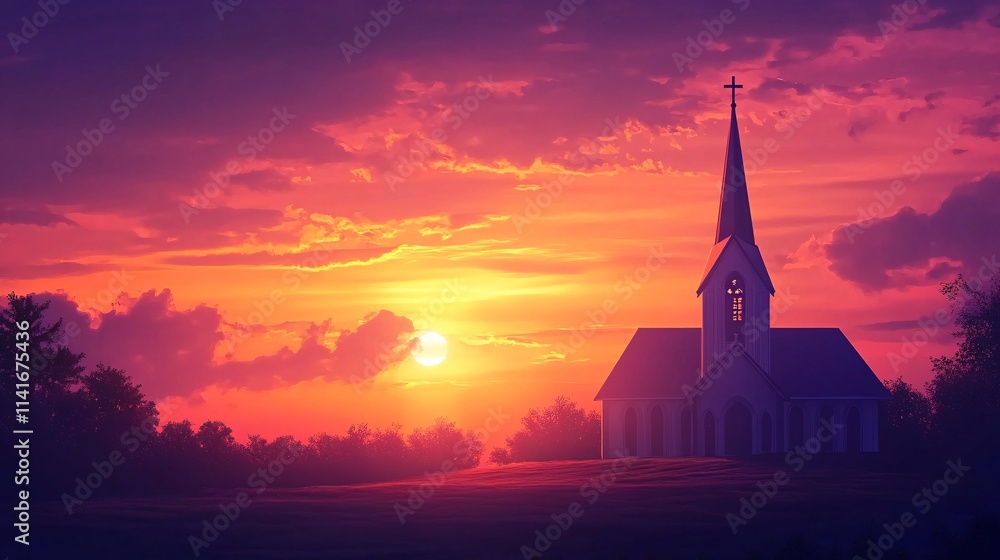 Fototapeta premium Serene Sunset Over Rustic Chapel Surrounded by Peaceful Landscape