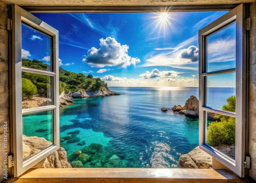 Sun-drenched Mediterranean vista: crystal-clear water, stunning coastal scenery viewed from a room window. Sun-drenched Mediterranean vista: crystal-clear water, stunning coastal scenery viewed from a room window.