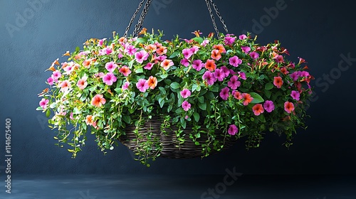 Hanging Basket Overflowing With Pink And Orange Flowers photo