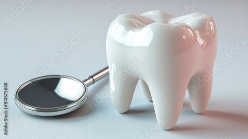 Realistic 3D Tooth Model With Dental Mirror on White Surface Ideal for Dental Health, Oral Care Concepts and Professional Medical Illustrations photo