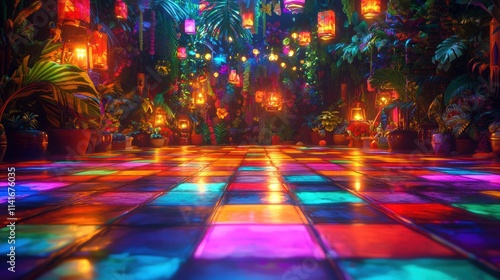 Salsa dance floor with colorful lighting and tropical plants