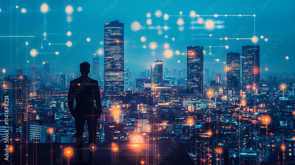 Man watches glowing city at night wide photo. AI Generated Man watches glowing city at night wide photo. AI Generated