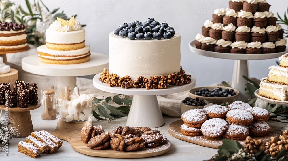 Assorted Cakes and Pastries Displayed on Elegant Dessert Tables Assorted Cakes and Pastries Displayed on Elegant Dessert Tables