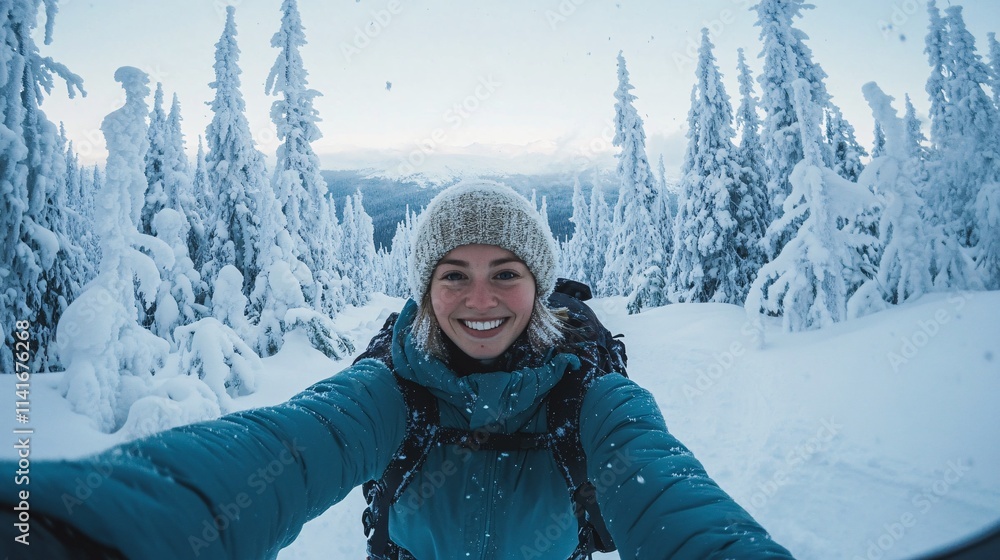Smiling Woman Enjoying Winter Adventure in Snowy Forest Landscape Smiling Woman Enjoying Winter Adventure in Snowy Forest Landscape